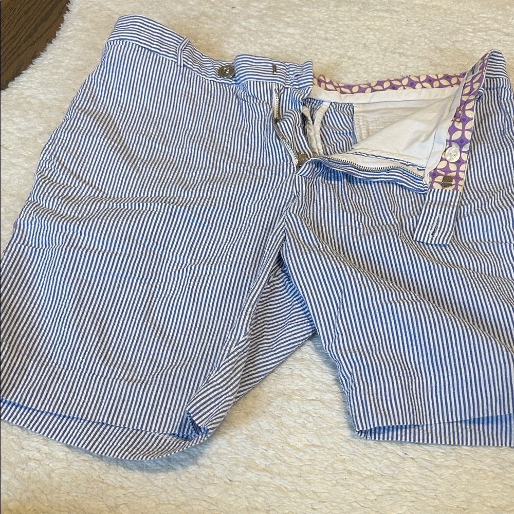 Men's Blue and White Striped Flat Front Seersucker Shorts